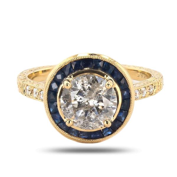 1.78 ctw K COLOR I1 CLARITY Diamond and 0.92 ctw Blue Sapphire 14K Yellow Gold R