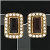 Image 2 : Vintage 14K Yellow Gold Cabochon Garnet w/ Seed Pearl Halo Rectangular Earrings
