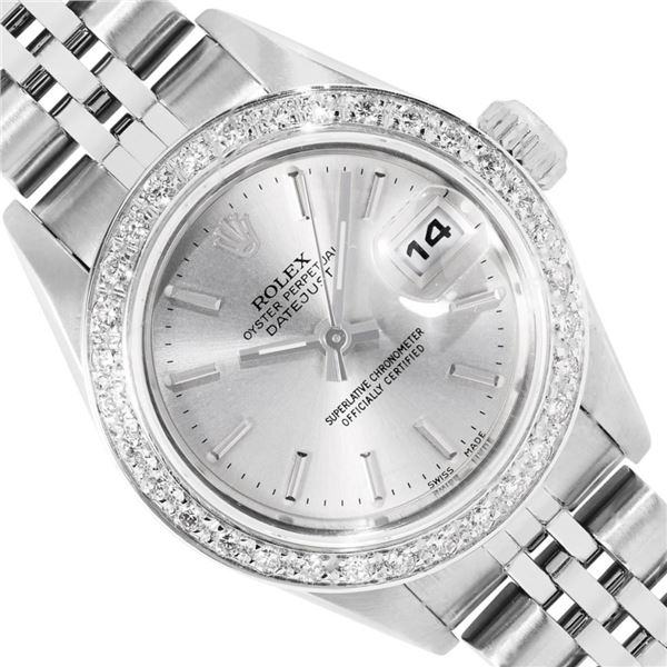 Rolex Ladies Stainless Steel Silver Index Dial 18K White Gold Diamond Bezel Date