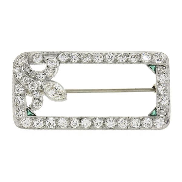 Antique Art Deco Platinum Old Cut Diamond w/ Emeralds Open Geometric Brooch Pin