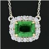 Image 5 : NEW Plat. 18k Gold GIA Cushion Tsavorite Solitaire Diamond Halo Pendant Necklace