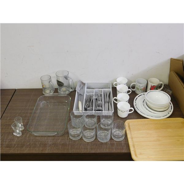 Lot of Assorted Glass Drinkware, Cutlery, Fine China Dining Pieces, Misc Kitchen