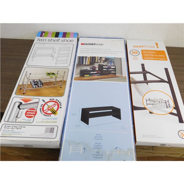 Lot of 3 Shoe Racks New Old Stock Organizer Shelfing Wire and Wood