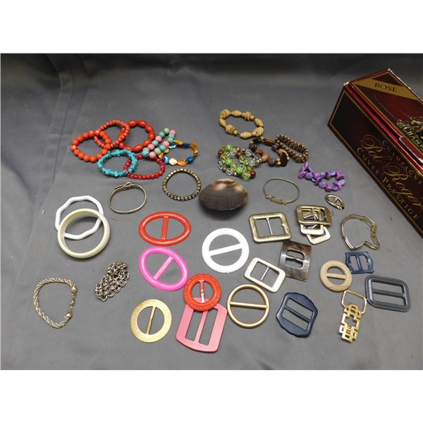 Lot of Assorted Vintage Costume Jewelry mostly Bracelets, Plastic Belt Buckles Bakelite Celluloid et