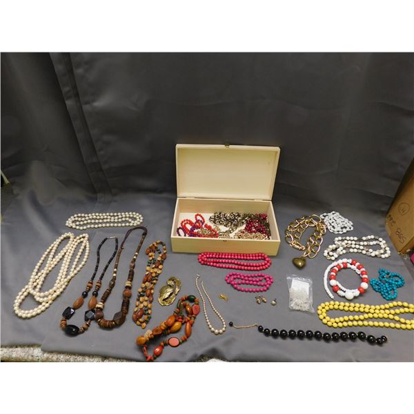 Box of Vintage Costume Jewelry Necklaces, 1 STER Pearl Earring, Pair of Coro Pearl Clip-on Earrings