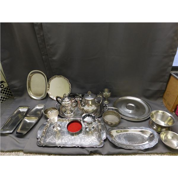 Lot of Vintage EP Copper & Brass Servingware, Italy and Denmark Stainless Steel, Trays, Tea Service