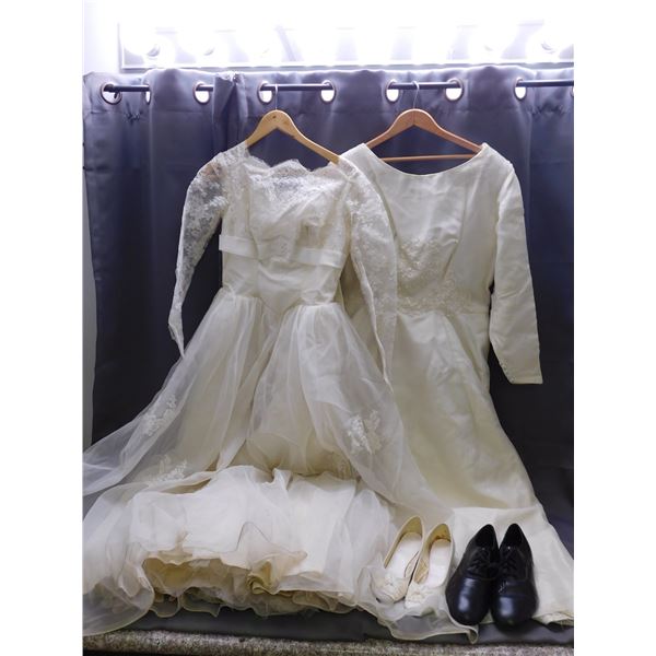 Lot of 2 Vintage Wedding Gowns Dresses, Pair of Shoes (size 8?) and Black Loafers 9.5