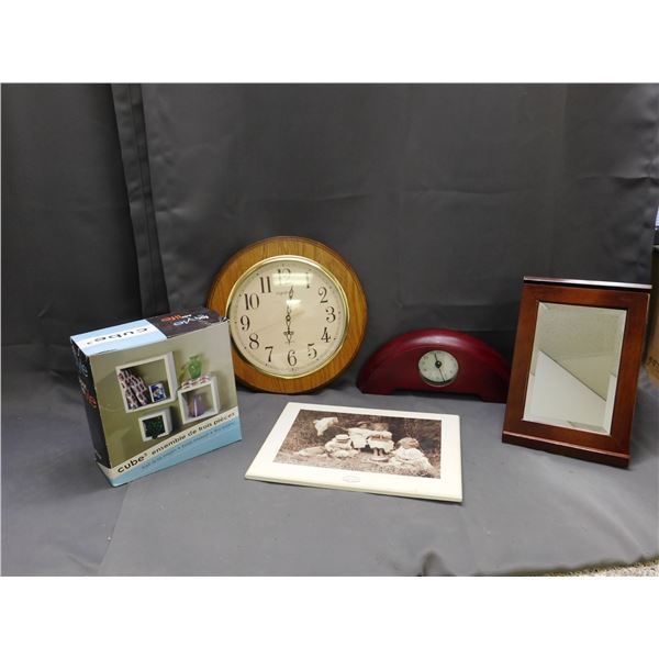 Lot of 5 Wall Cube Shelves, Ingraham Wall Clock, Wood Board Art, Mirror, Mantle Clock