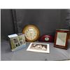 Lot of 5 Wall Cube Shelves, Ingraham Wall Clock, Wood Board Art, Mirror, Mantle Clock