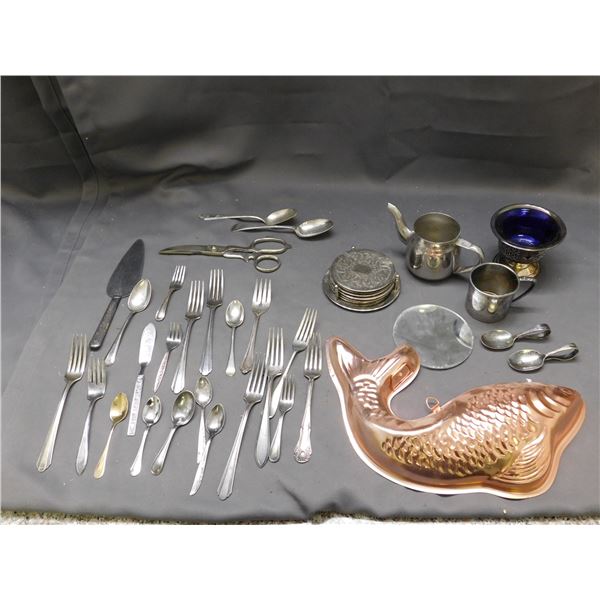 Lot of Silverplate Coasters, Silverware, Childrens ABC Alphabet Mug, Tea Spoons, Cobalt Dish, Fish