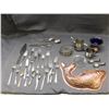 Image 1 : Lot of Silverplate Coasters, Silverware, Childrens ABC Alphabet Mug, Tea Spoons, Cobalt Dish, Fish