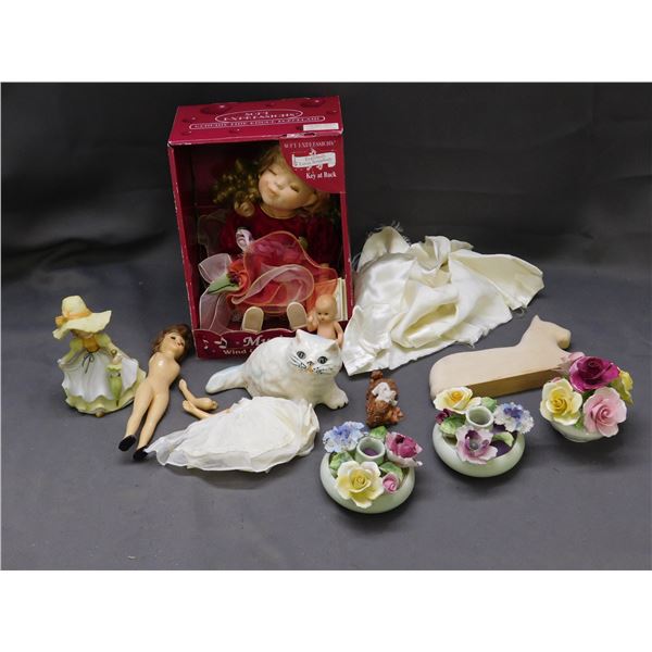 Lot of Porcelain Flowers, Doll, Soft Expressions Musical Doll, Ceramic Cat, etc