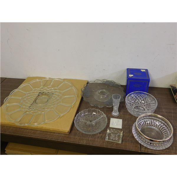 9pcs Assorted Glassware HUGE Round Glass Serving Tray, Bohemian Crystal, Crystal Bowls, Trays, etc