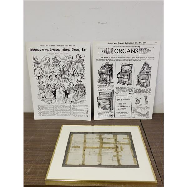 Antique Certified Copy of Birth 1901 Framed Paper, Large Screenprints Eatons Catalogue 1900s Ads