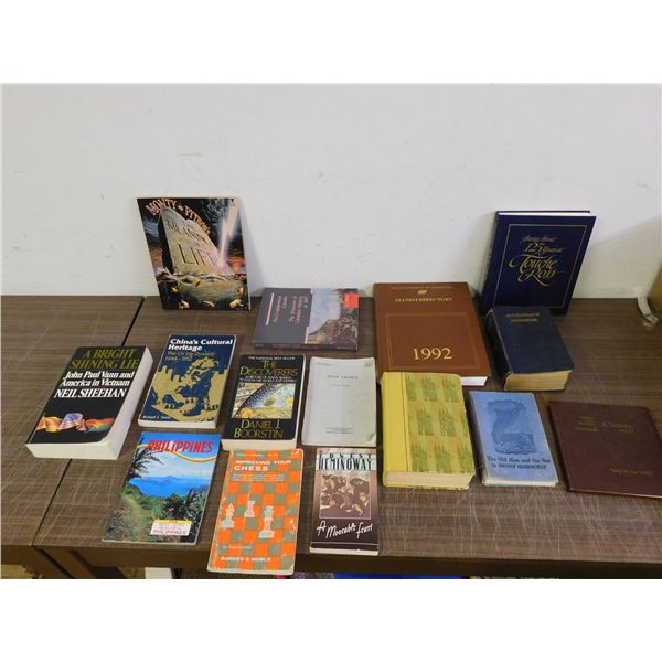 Lot of 15 Assorted Books Some Vintage, Ernest Hemingway, UofM 1992 Alumni Directory, China, Chess