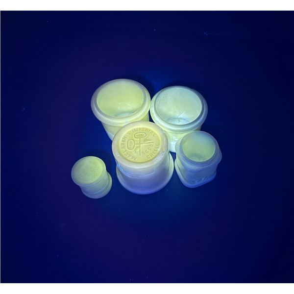 5pcs UV Glowing / Reactive White Milk Glass Maclaren Imperial Cheese, Mentholatum, etc Jars
