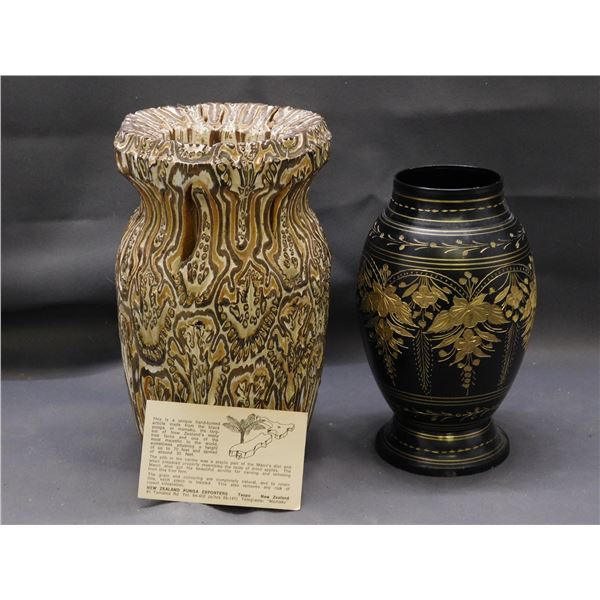 Hand Carved Artist Signed New Zealand Wooden Vase & Black Metal Vase with Gold Detailing