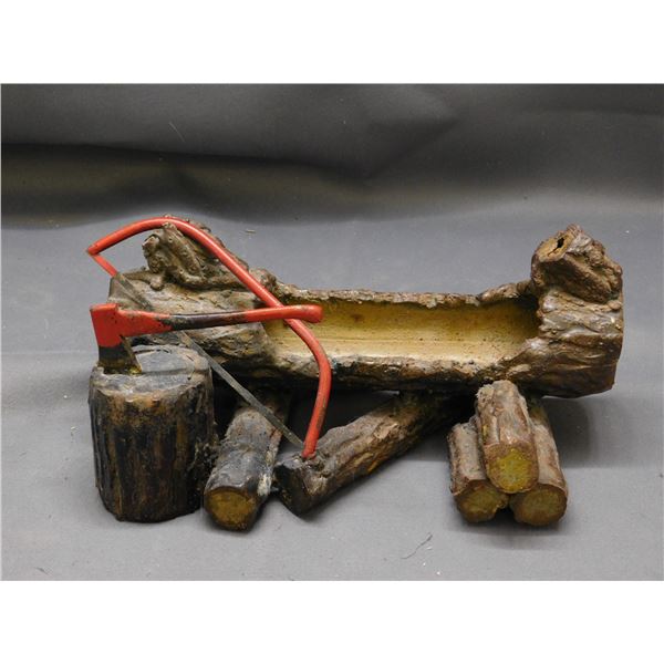 Metal Ashtray Log Wood Style with Saw and Axe 9" across
