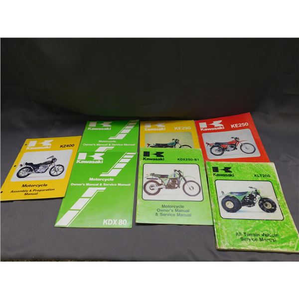 Lot of 7 Vintage Kawasaki Service Manuals, Owners Manual, KE250, KLT200, other models