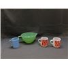 Image 1 : Lot of 4 PYREX Blue Delphite, Fire King Jadeite Batter Bowl and 2 MCM Mid Century Orange Milk Glass