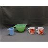 Image 2 : Lot of 4 PYREX Blue Delphite, Fire King Jadeite Batter Bowl and 2 MCM Mid Century Orange Milk Glass