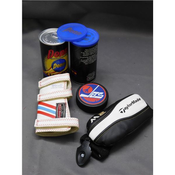 Lot of Penn Exclusive Racquetballs, Golf Sock, Jets Hockey Puck, etc