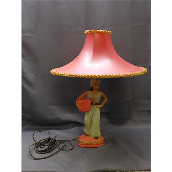 Vintage Mid Century Modern MCM circa 1950s Table Lamp Red Vinyl Shade Chalkware Base *rewire