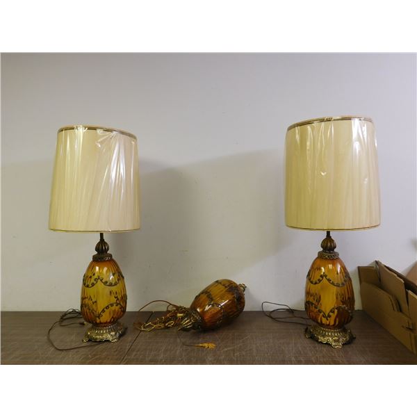 Vintage MCM Mid Century MATCHING 3 Piece Set 2 Table Lamps and Swag Chain Hanging Lamp Amber Glass