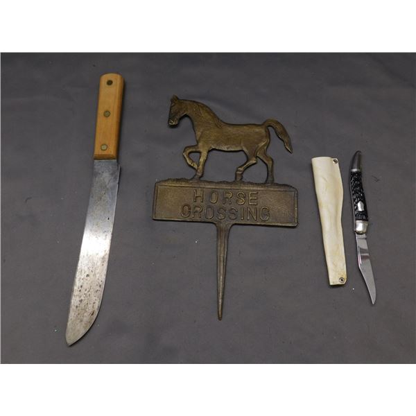 Stan Pocket Knife, Metal Horse Crossnig Sign and Large Handmade Knife