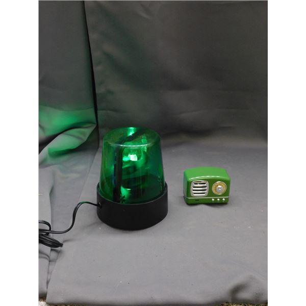 Green Spinning Light and Mini Green Vintage Radio Style Speaker