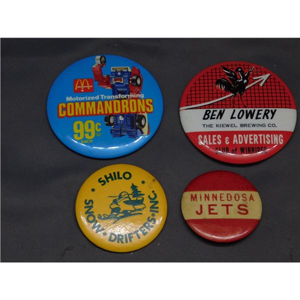 Lot of 4 Vintage Buttons MCDonalds Commandrons , Ben Lowery, Shilo, Minnedosa JETS