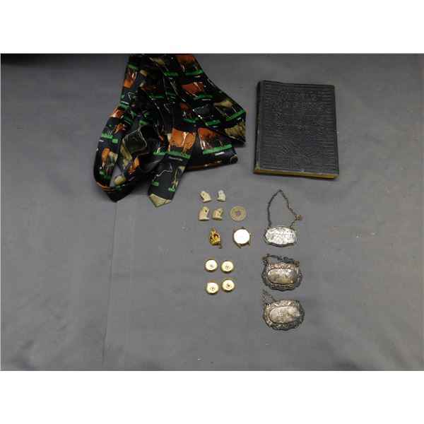 Lot of Birks Decanter Labels, Buttons, Stone Miniatures, Cow Tie, Audels Masons Etc