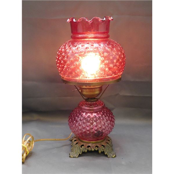Vintage Cranberry Glass Table Lamp works 16" Hobnail Boudoir Parlor