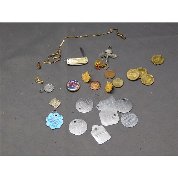 Junk Drawer Lot of Coins, Pen Knife, GF Pocket Watch Chain,  Pins, 80s Dog Tags, Tokens, etc