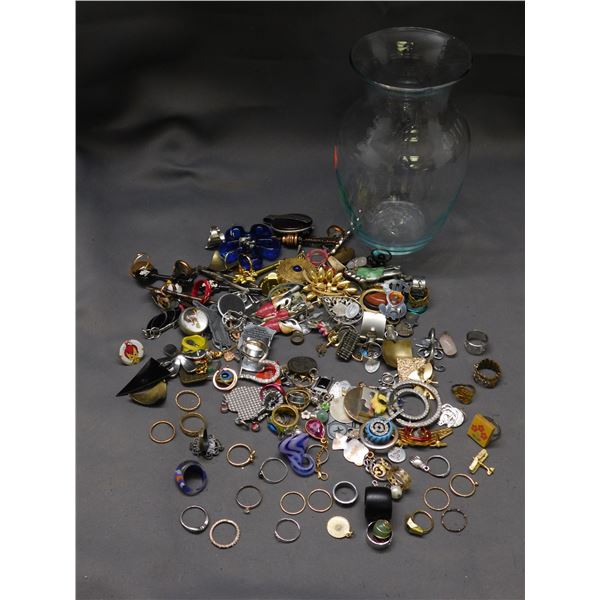 Jar of Assorted Costume Jewelry Brooches Pins and Rings, etc