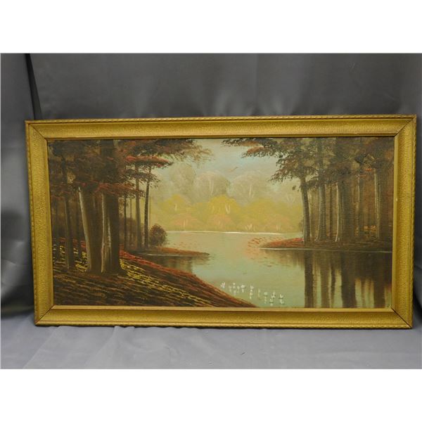Framed Original Art Board Painting of Lake and Trees Autumn Colours