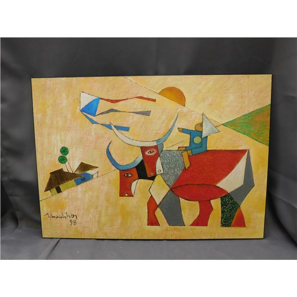 27" x 19" Original Artist Signed Mounted on Wood Thanh Ho "The Evening in the Countryside Vietnam"