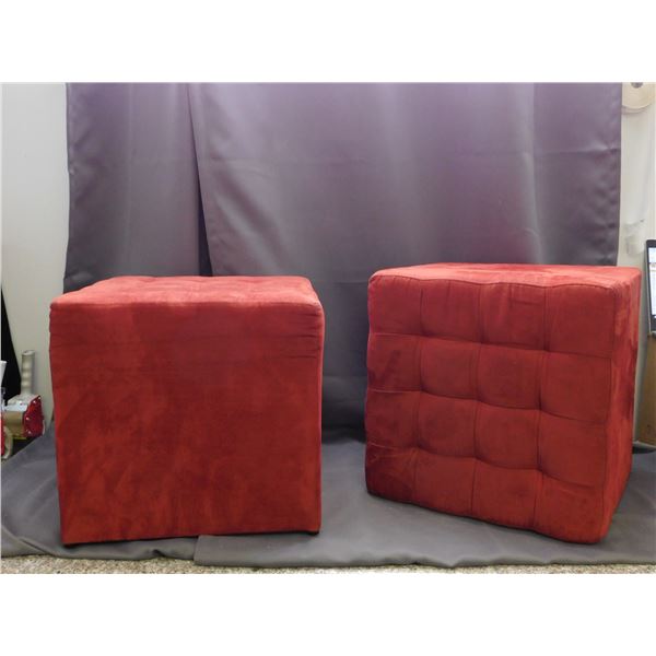 Pair of Square Red Upholstered Ottomans Foot Stools