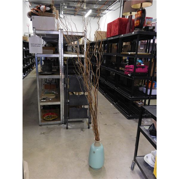 Blue and Cream Made in Portugal Pottery Plant Vase with TALL Wooden Sticks Home Decor