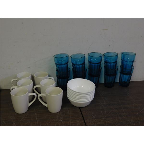 Lot of 10 Blue Glasses, 6 White Coffee Mugs and 8 Soup Bowls