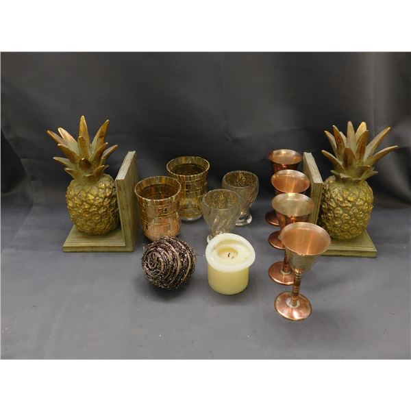 Lot of 4 Copper Decorative Wine Glasses, Pineapple Bookends, Gold Bedazzled Candle Holders, etc