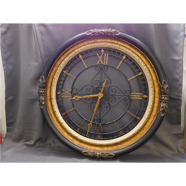Howard Miller 35" Diameter Wall Clock *works*  Antique Style, Black and Brass Tone plastic