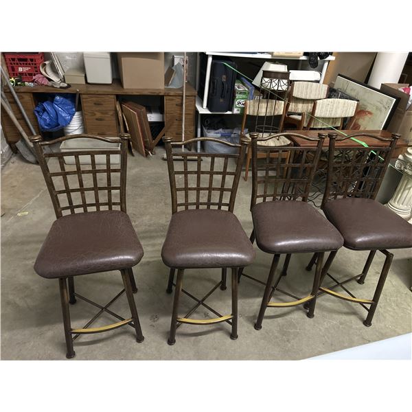 Set of 4 Metal Brass Tone and Wine / Burgundy Vinyl Upholstery Bar Stools