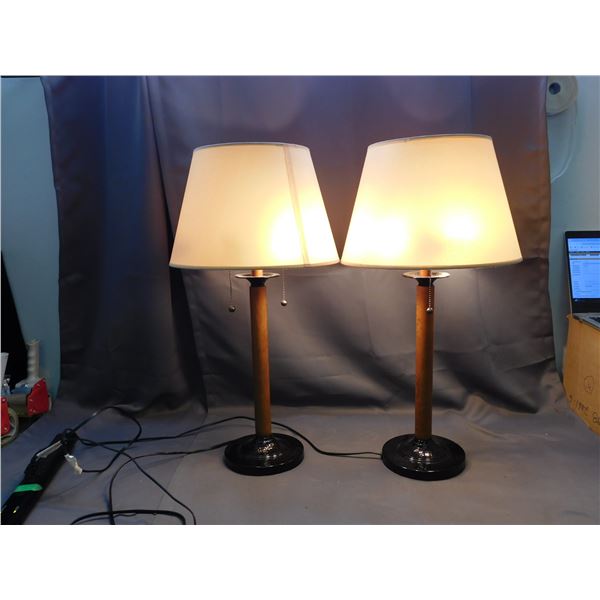 Pair of Table Lamps Wood with Black Glass Base and Plastic Shade