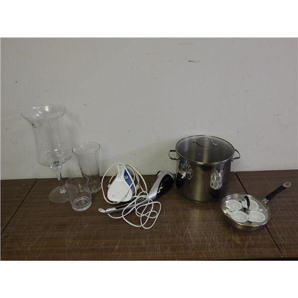 END OF THE RUN Large Crock Cooking Pot w Lid, Egg Cooking Pan, Large Wine Glass, Iron, Massager