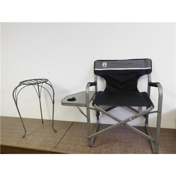Coleman Deck Chair with Fold-Up Cup Holder/ Table and Small Metal Plant Stand