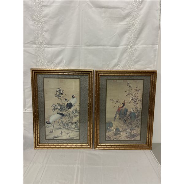 Vintage Turner Cranes & Flowers, pheasants Flowers Asian Wall Art Bamboo Frames