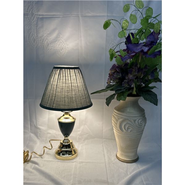 Lot of 2 Green and Gold Tone Table Lamp and Vase with Faux Flowers
