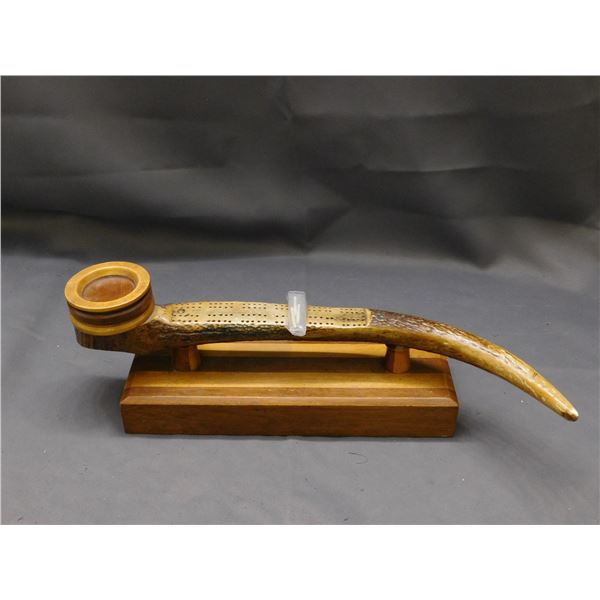 Stag Carved Cribbage Board Large Pipe Shape Antler on Wooden Base
