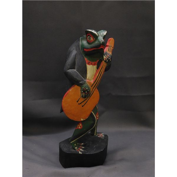 Wooden Carved Frog / Toad Playing Banjo 14"